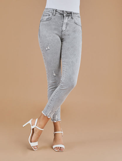 Jean push à bords effilochés coupe skinny - Gris - 4