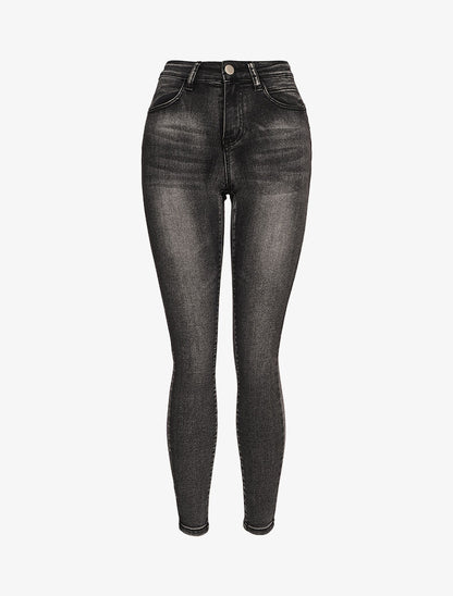 Jeans skinny à coutures contrastantes sur les poches arrières - Gris foncé - 1