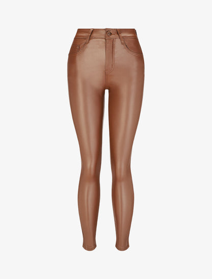 Pantalon uni en simili - Marron - 6