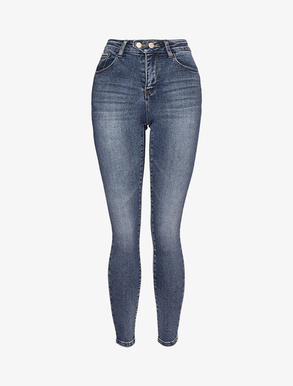 Jeans skinny délavé à 2 boutons - Bleu clair - 1
