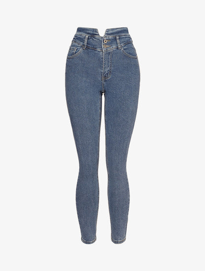 Jean taille empire fendue et 2 boutons - Bleu - 4