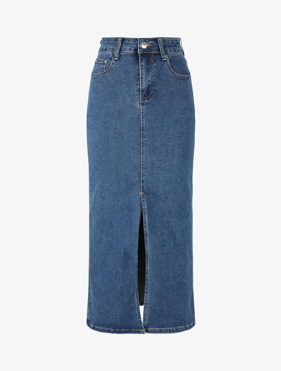 Jupe longue en jean coupe droite - Bleu denim - 1