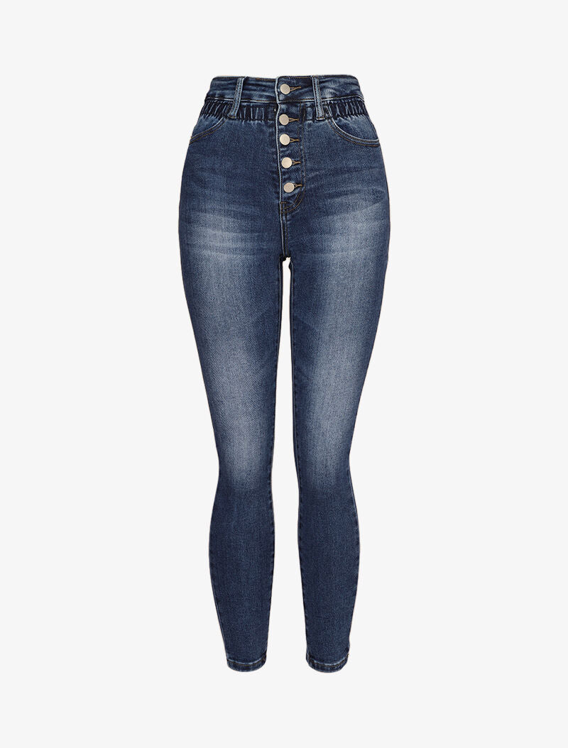 Jean paper bag à taille empire froncée - Bleu denim - 1