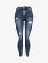 Jean skinny boutonné à taille haute et déchirures - Bleu denim - 1