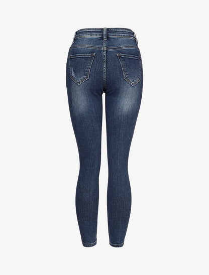 Jean skinny boutonné à taille haute et déchirures - Bleu denim - 2