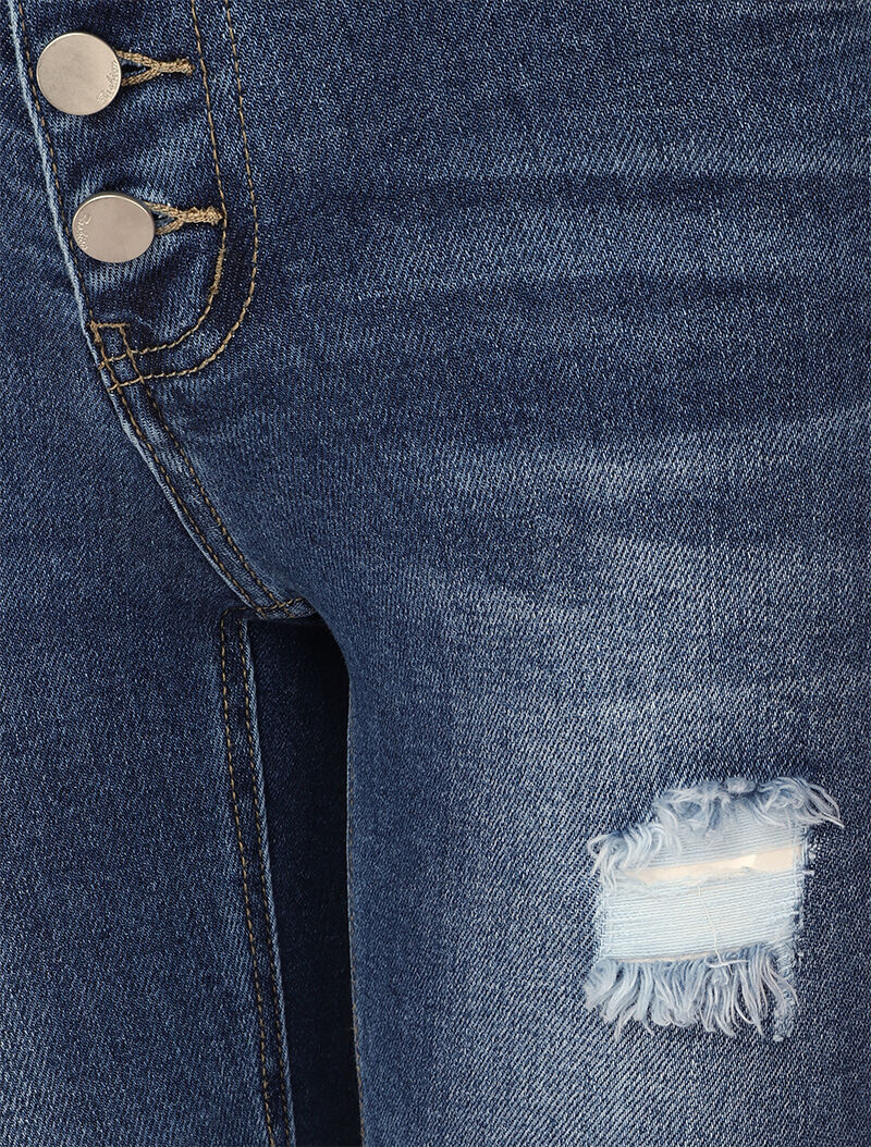 Jean skinny boutonné à taille haute et déchirures - Bleu denim - 3