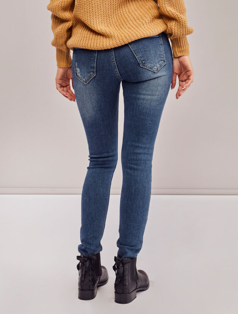 Jean skinny boutonné à taille haute et déchirures - Bleu denim - 5