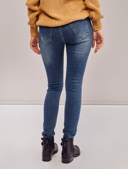 Jean skinny boutonné à taille haute et déchirures - Bleu denim - 5