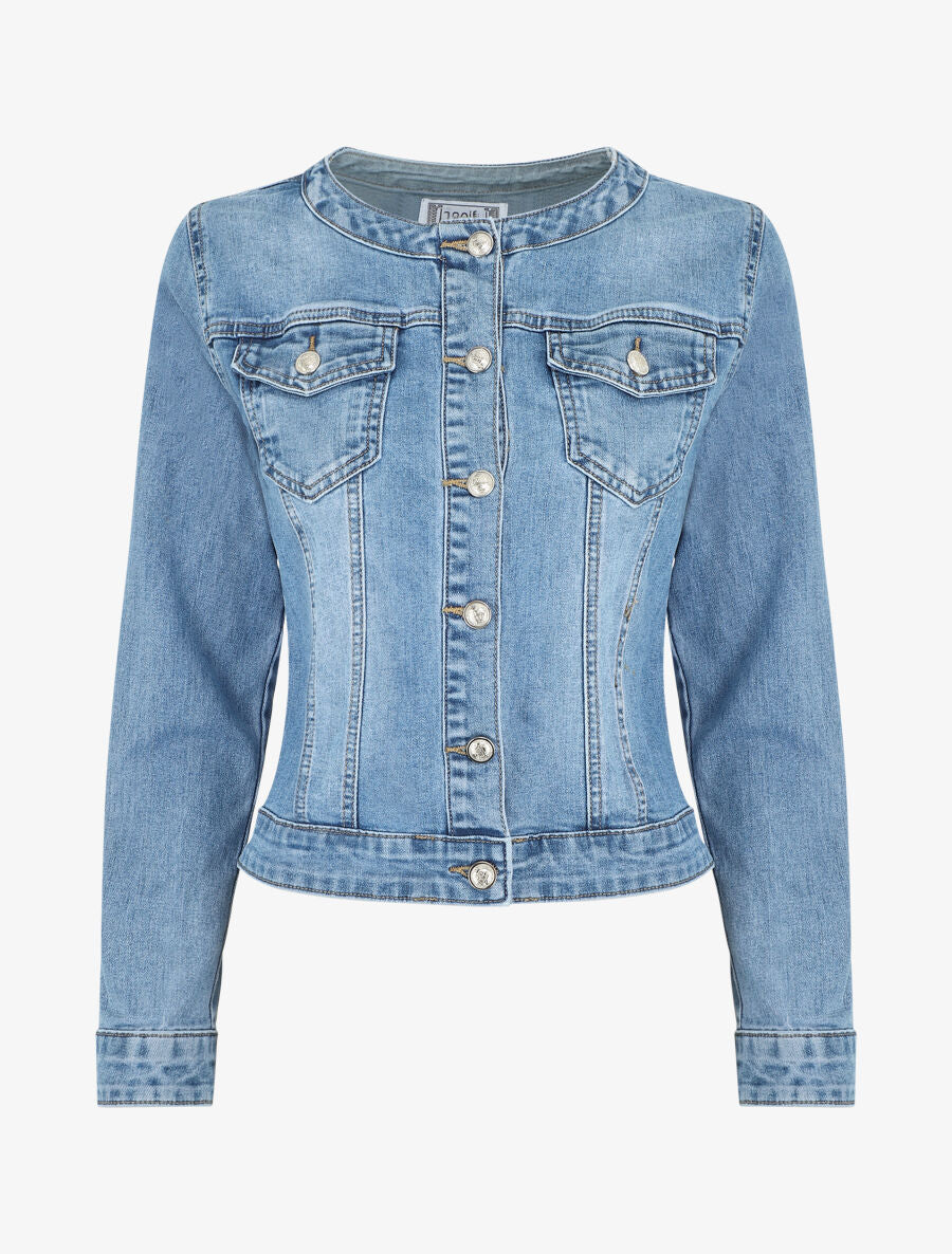 Veste en jean droite col rond - Bleu - 1