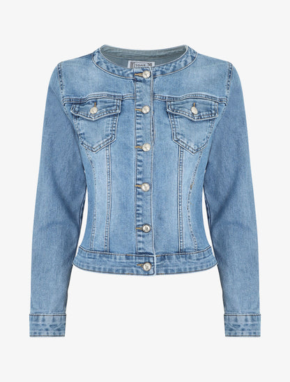 Veste en jean droite col rond - Bleu - 1