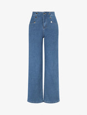 Jean wide leg à boutons décoratifs coupe droite - Bleu - 5