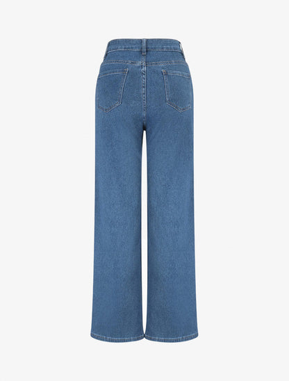 Jean wide leg à boutons décoratifs coupe droite - Bleu - 2