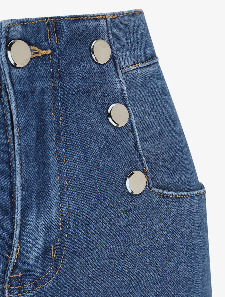 Jean wide leg à boutons décoratifs coupe droite - Bleu - 3