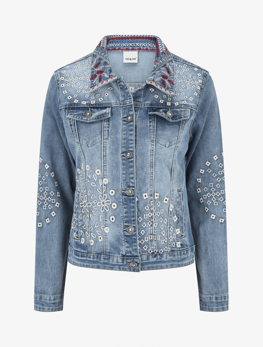 Veste en jean brodée et strass - Bleu - 4