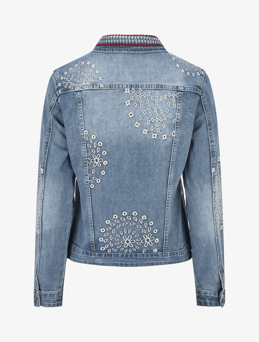 Veste en jean brodée et strass - Bleu - 2
