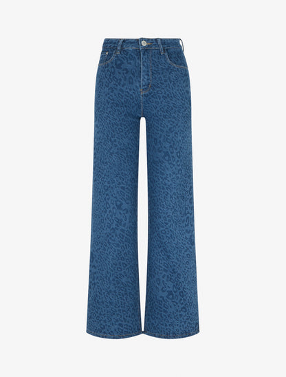 Jean wide leg imprimé léopard coupe droite - Bleu - 1