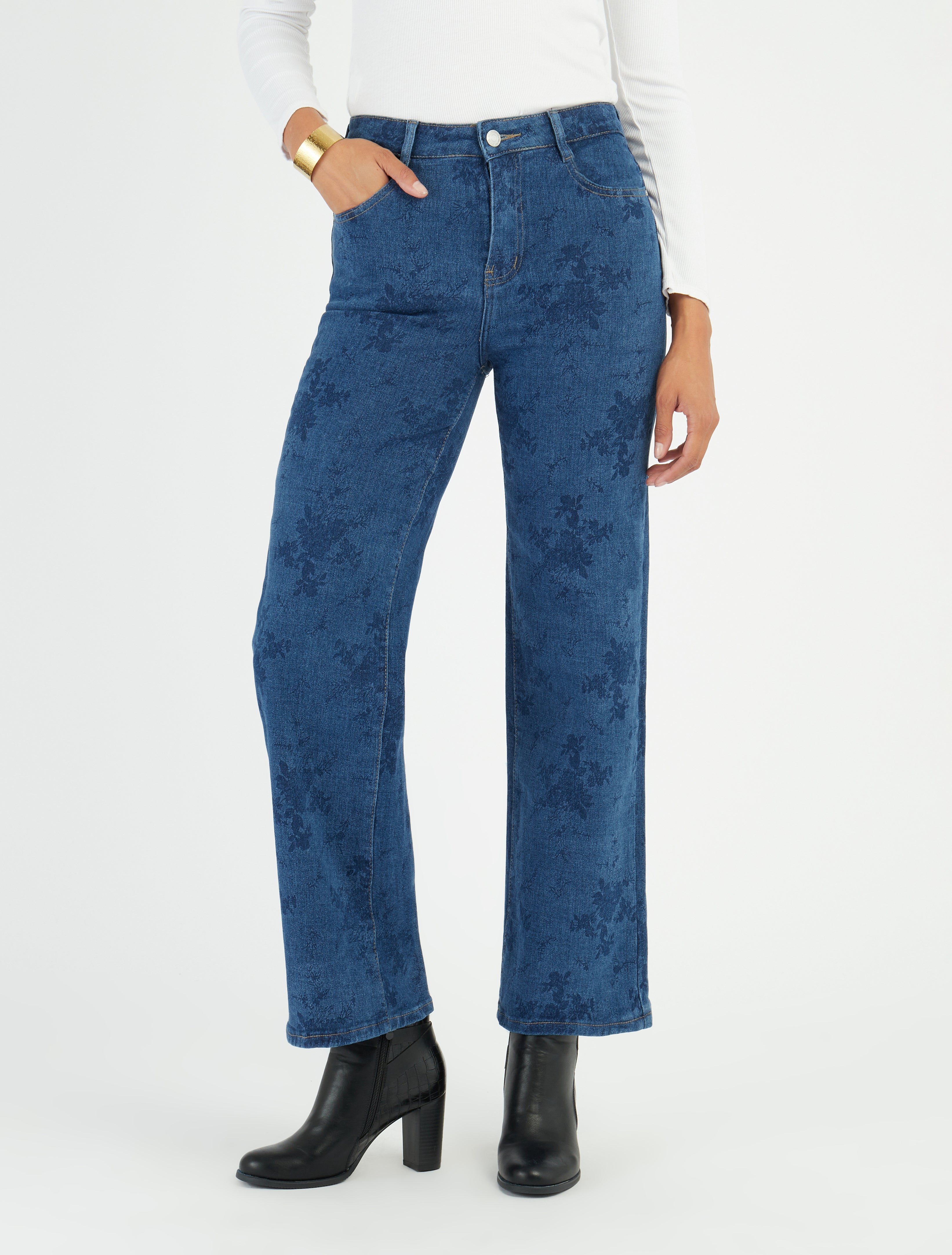 Standaard taille jeans met bloemenmotief - Blauw