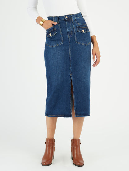Lange jeansrok met klepzakken - Blauwe denim