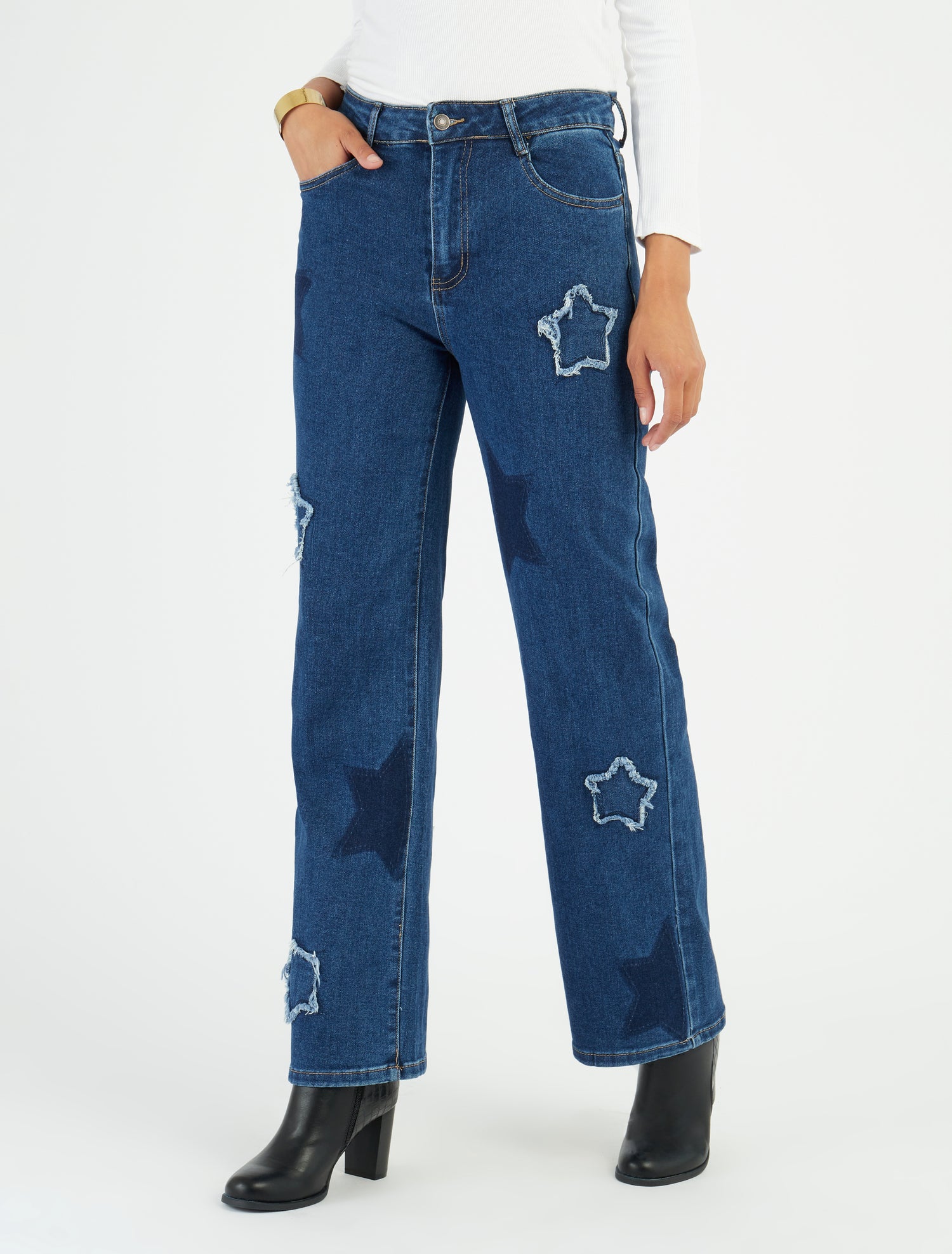 Jean met hoge taille en sterpatroon - Blauw
