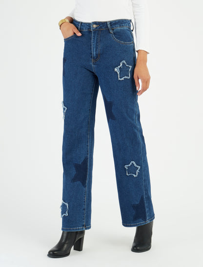 Jean met hoge taille en sterpatroon - Blauw
