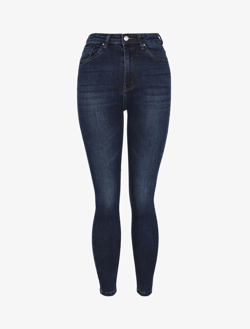 Jean skinny légèrement délavé à taille haute - Bleu foncé - 1