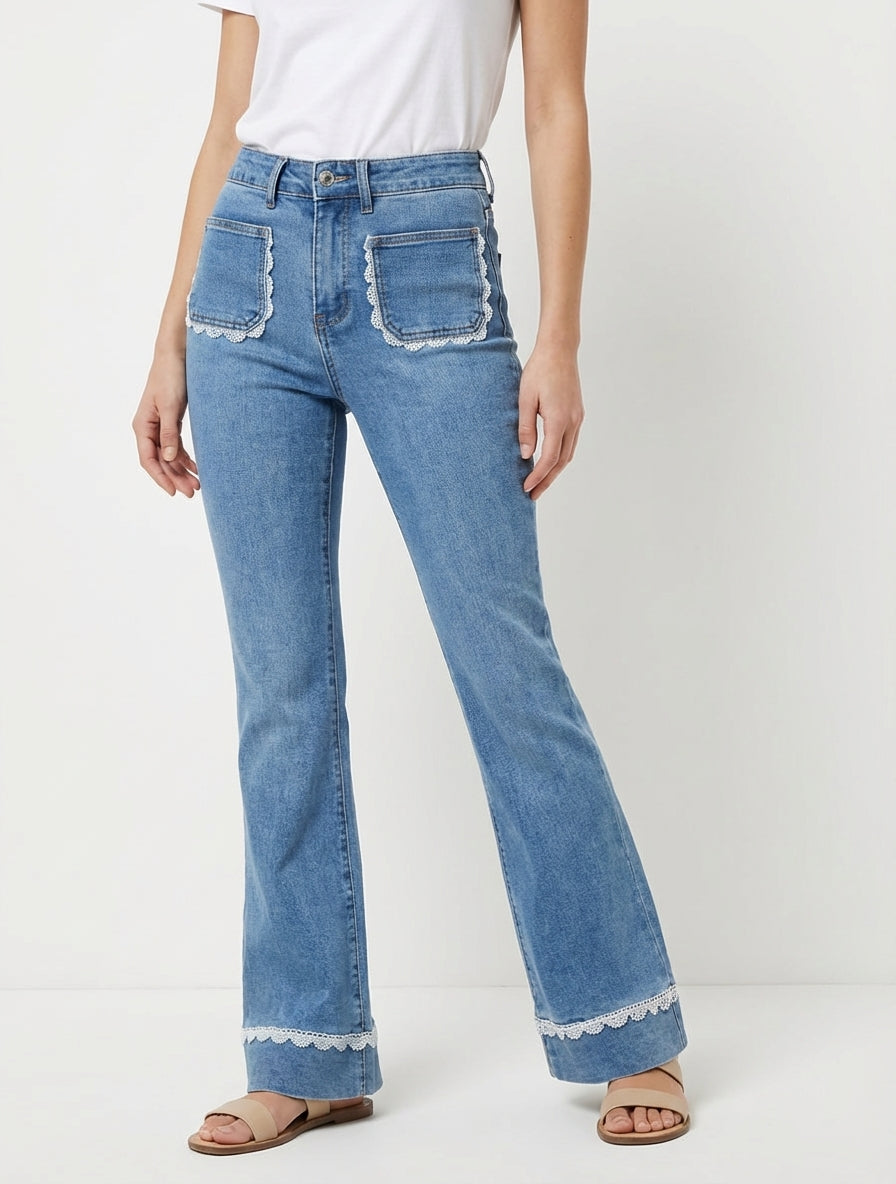 Jean flare à détail dentelle - Bleu