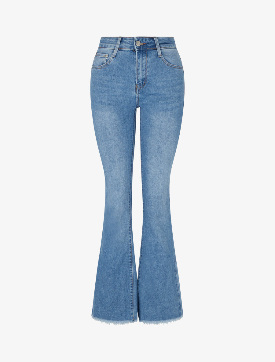 Jean à bords frangés coupe flare - Bleu - 1