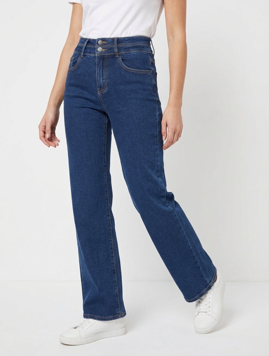 Jeans met hoge taille en rechte pijpen - Blauw