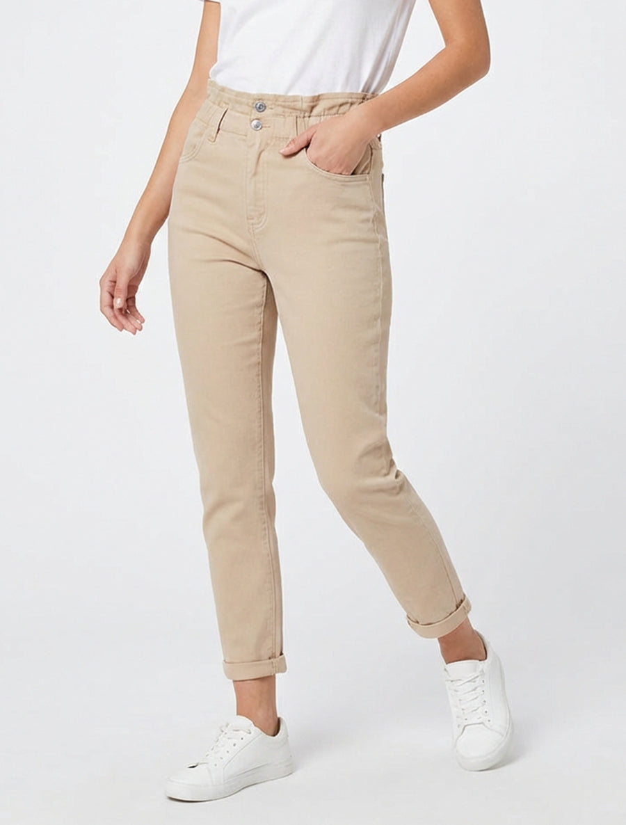 Jean mom taille haute élastiquée - Beige