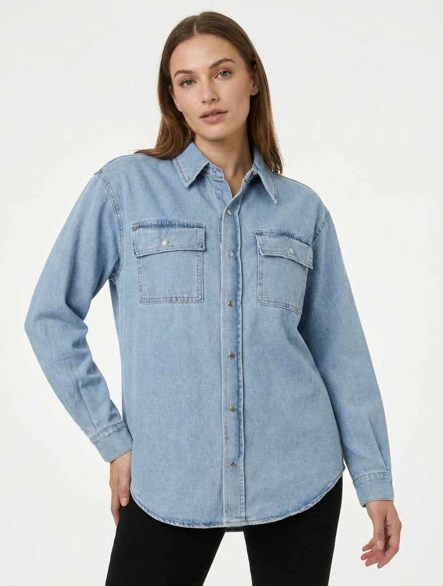 Chemise en jean droite à manches longues - Bleu