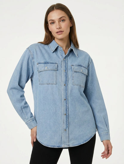 Chemise en jean droite à manches longues - Bleu