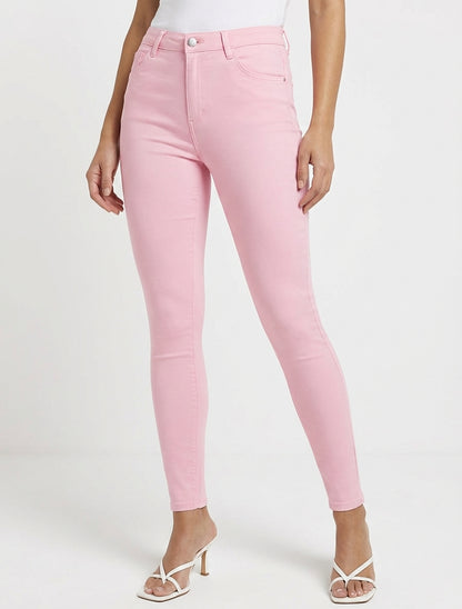 Jean skinny uni à taille standard - Rose