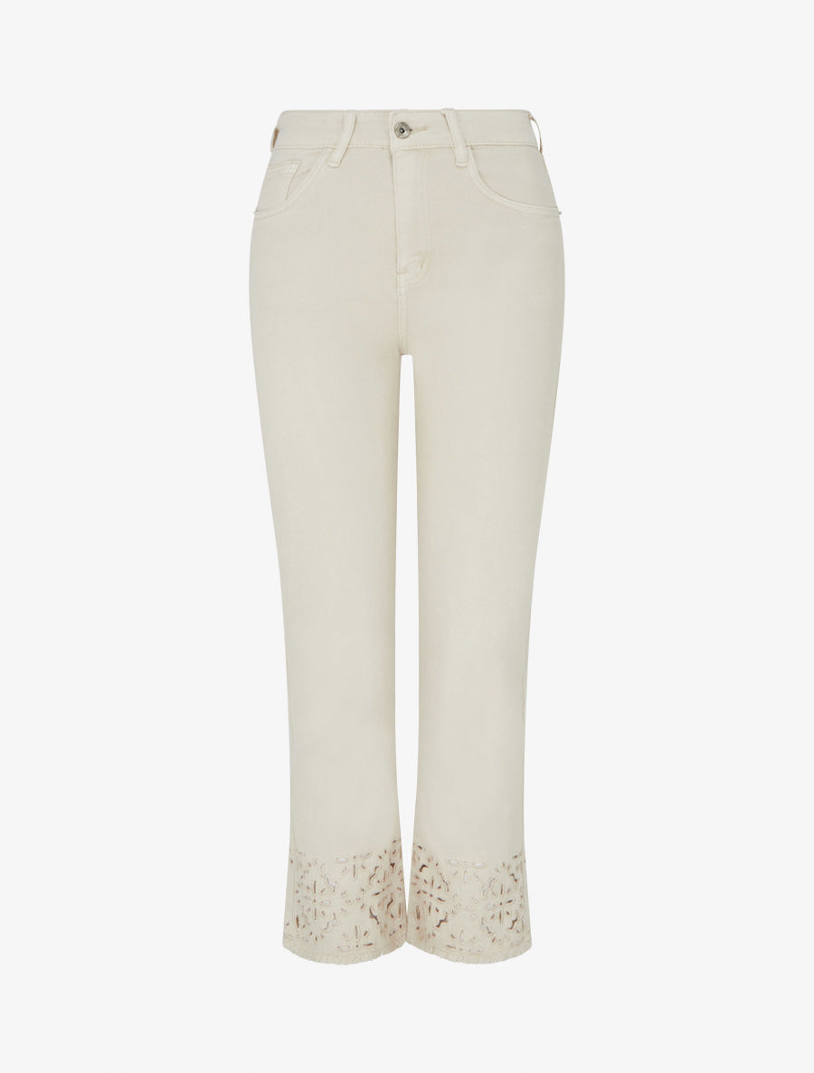 Jean droit à bords brodés - Beige - 1