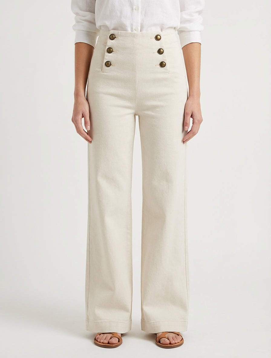 Jean met rechte pijpen en knopen. - Beige