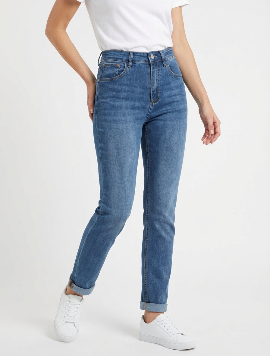 Jean slim délavé taille haute - Bleu