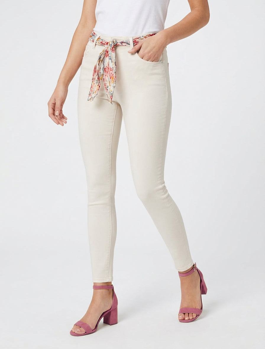 Jean skinny à ceinture imprimée - Beige clair