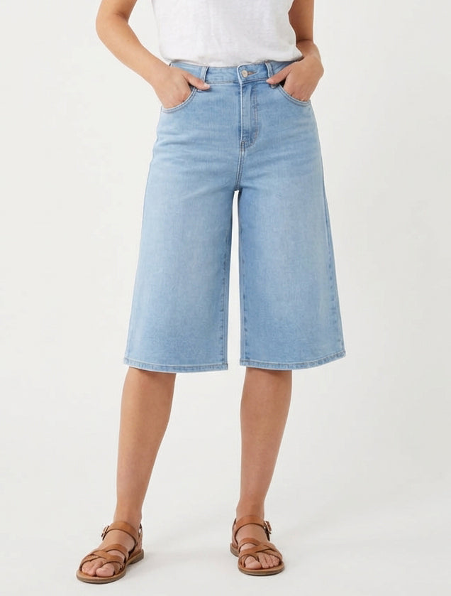 Hoge taille wijde bermuda - Blauw
