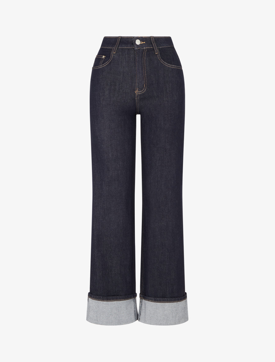 Jean wide leg à revers coupe droite - Bleu brut - 1