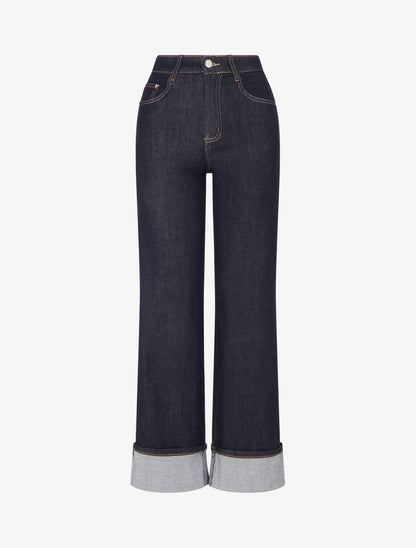 Jean wide leg à revers coupe droite - Bleu brut - 1