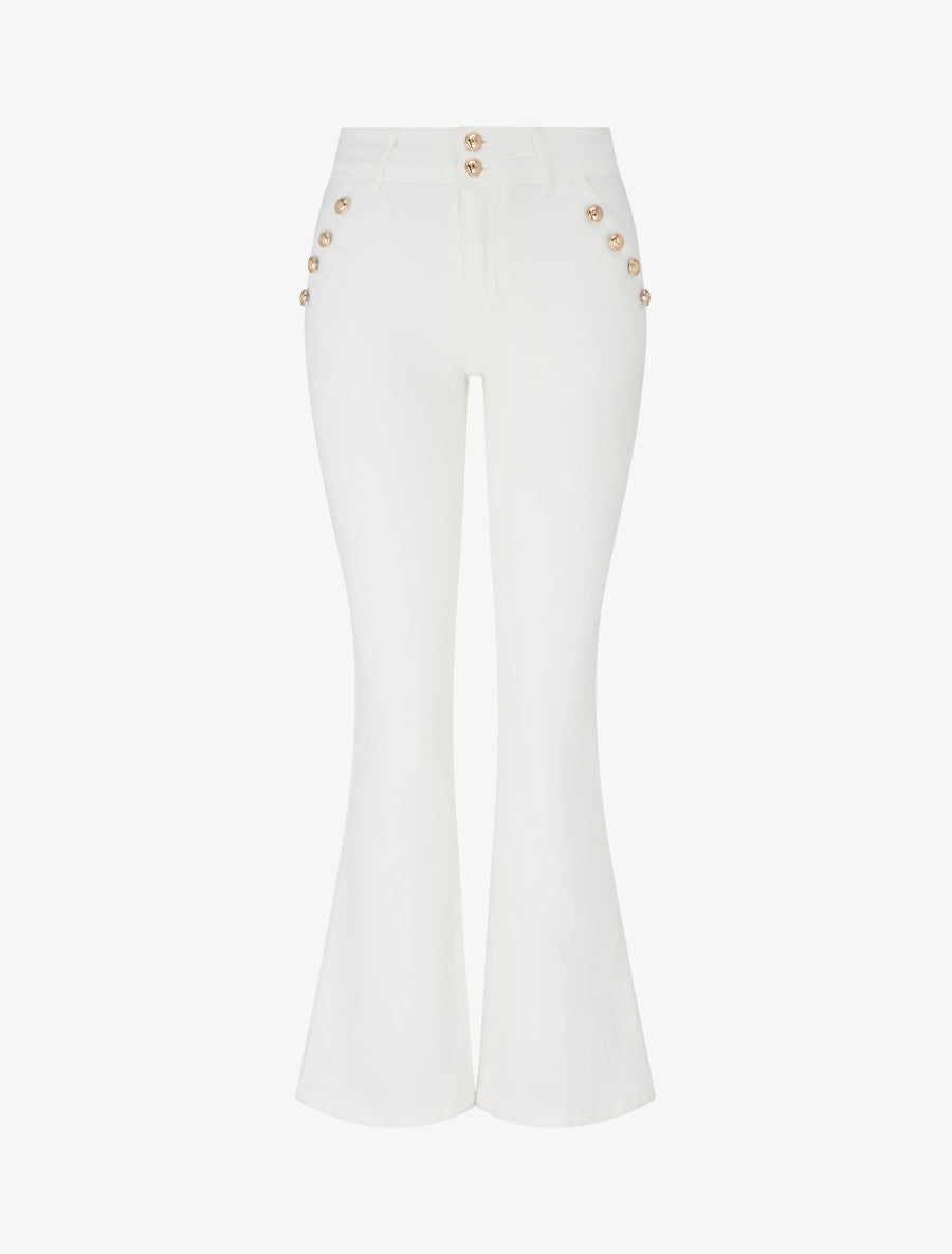Jean flare à poches à boutons décoratifs - Écru - 1