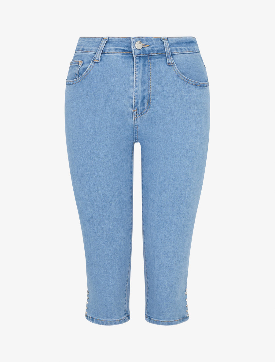 Pantacourt fendu en jean - Bleu - 1