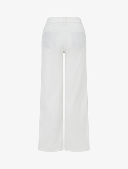 Jean wide leg taille haute poches strassées - Blanc - 2