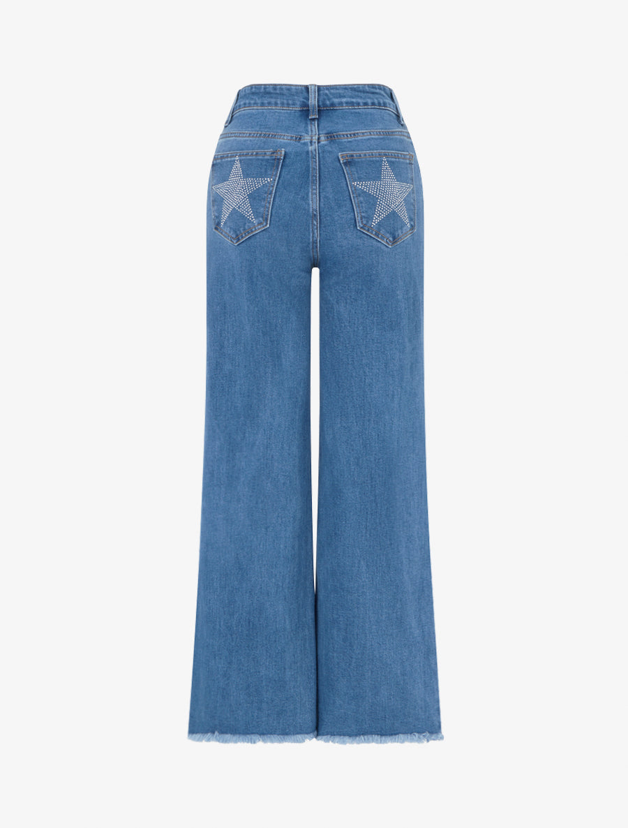 Jean wide leg à poches étoiles strassées - Bleu - 2