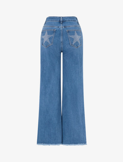 Jean wide leg à poches étoiles strassées - Bleu - 2