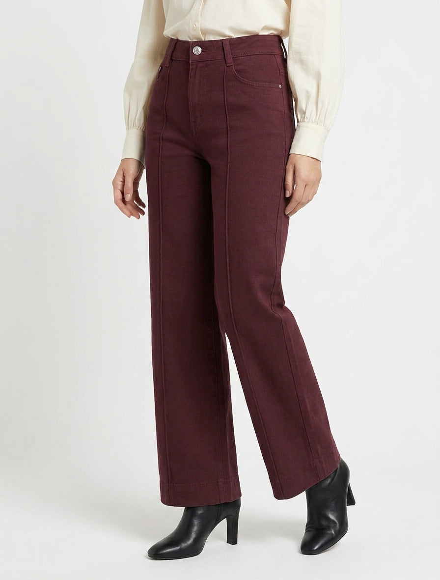 Jean wide leg taille haute à couture apparente - Bordeaux