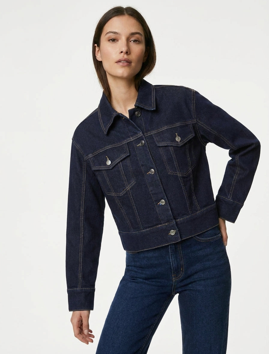 Veste en jean courte coupe droite - Bleu brut