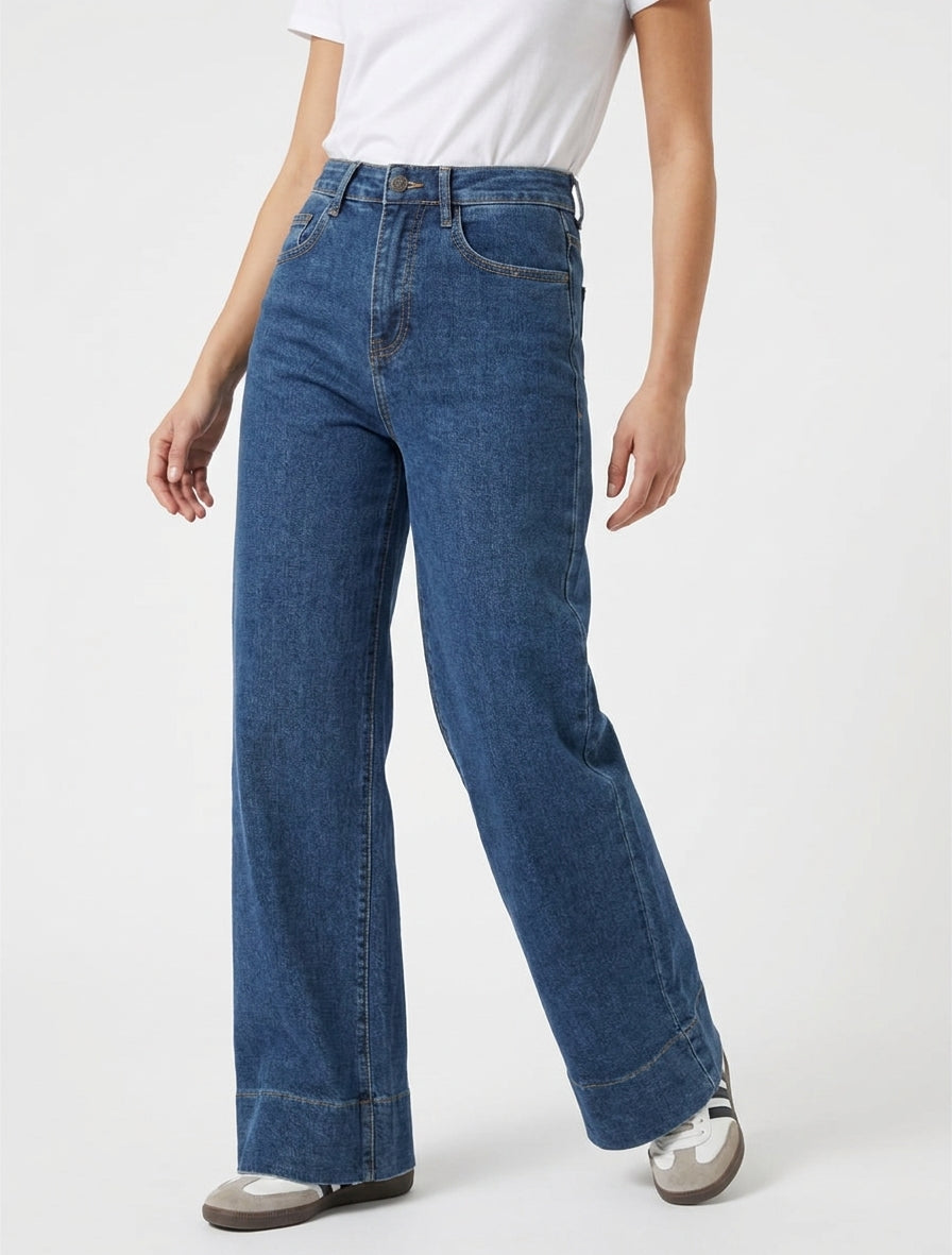 Jean coupe wide leg à taille haute - Bleu denim