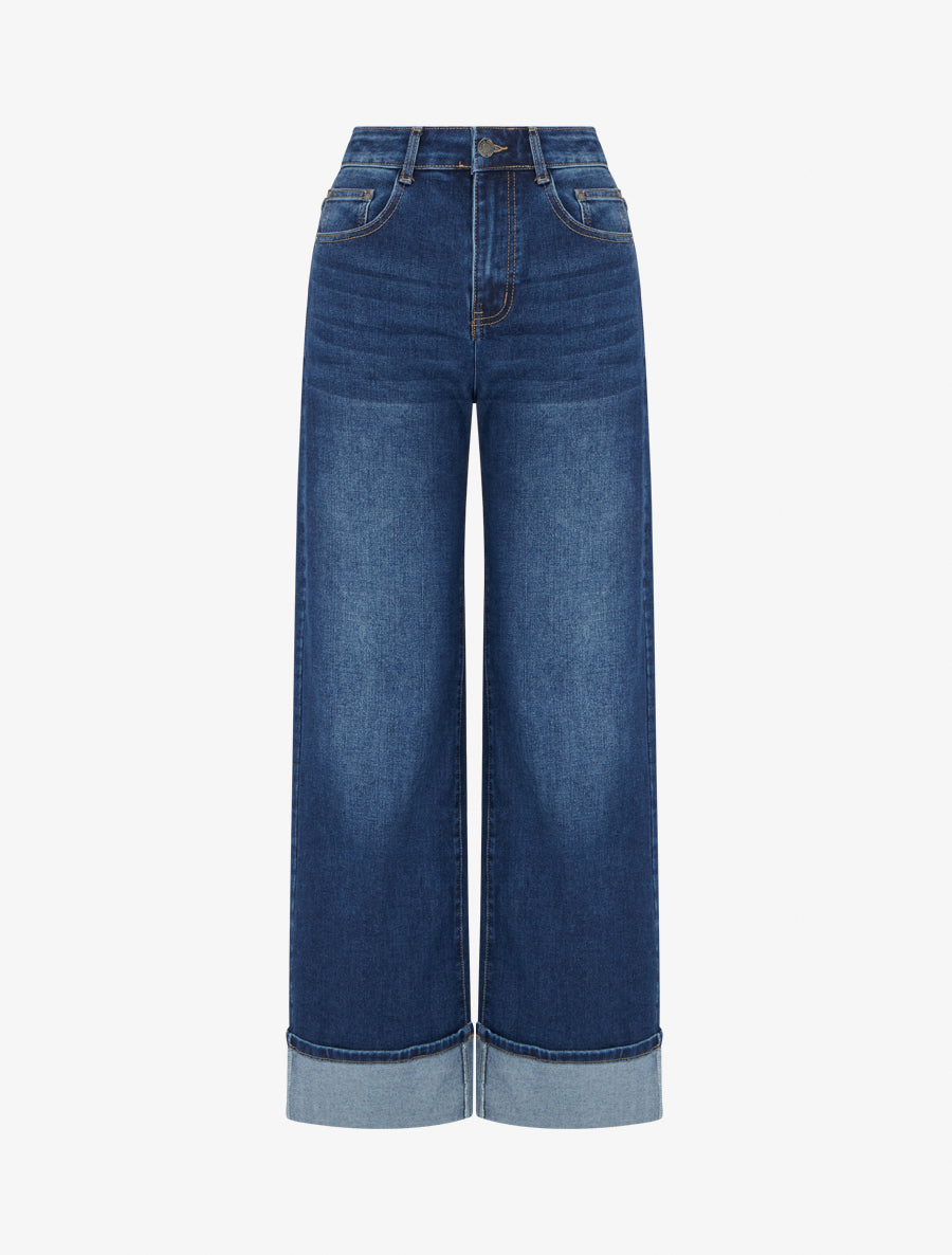Jean coupe wide leg à ourlet - Bleu denim