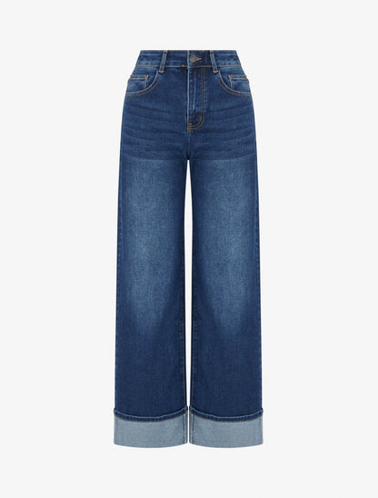 Jean coupe wide leg à ourlet - Bleu denim