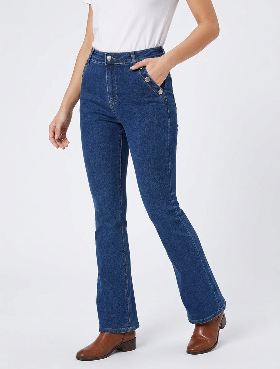 Jean flare à poches boutonnées - Bleu denim